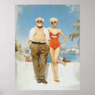 Vintage Beach Couple Summer Contrast Poster