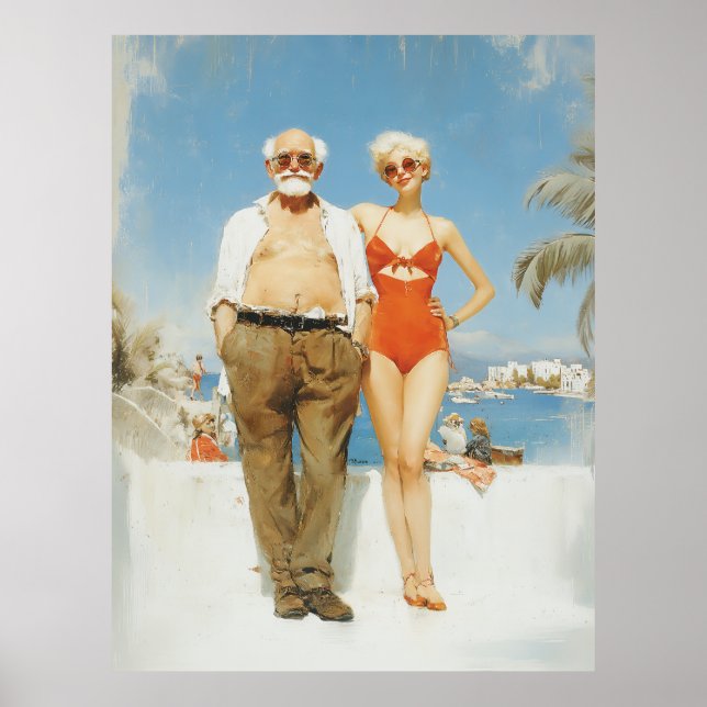 Vintage Beach Couple Summer Contrast Poster (Front)
