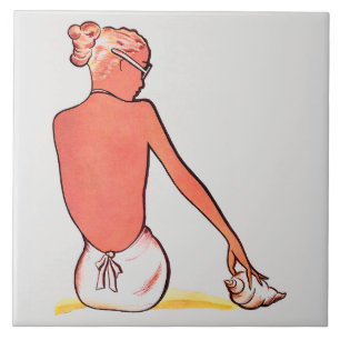 Vintage beach girl with seashell summer elegant  ceramic tile