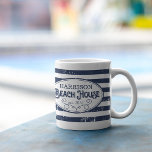 Vintage Beach House Personalised Navy and White Coffee Mug<br><div class="desc">Wind down for the weekend with this personalised mug. Our beach house mug features nautical navy blue and white stripes and vintage style lettering, with your family name and year established for a unique customised touch. A curled rope illustration completes the design, while a unique overlay gives this mug a...</div>