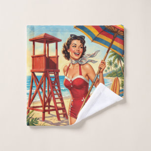 Vintage Beach Lifeguard Girl Pin Up Bath Towel Set
