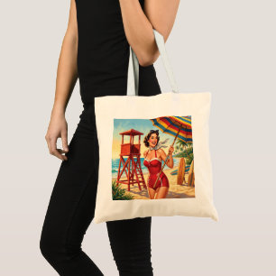 Vintage Beach Lifeguard Girl Pin Up Tote Bag