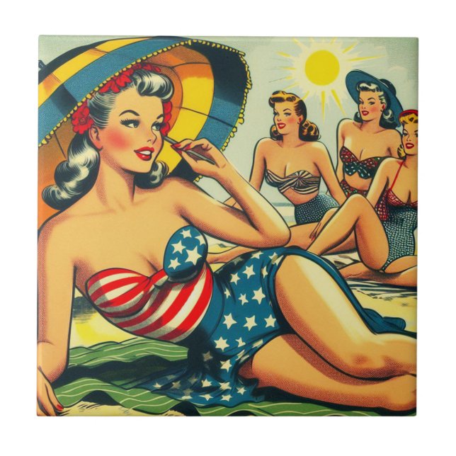 Vintage Beach Pin Up Ceramic Tile (Front)