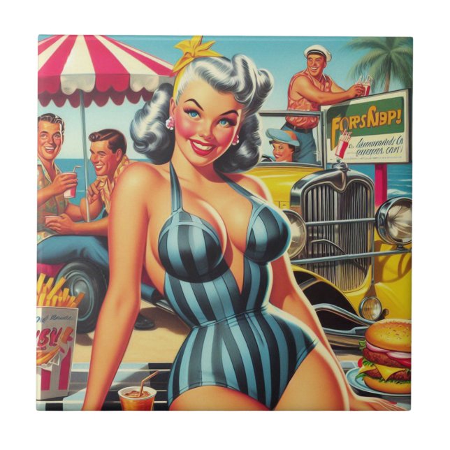 Vintage Beach Pin-up Ceramic Tile (Front)