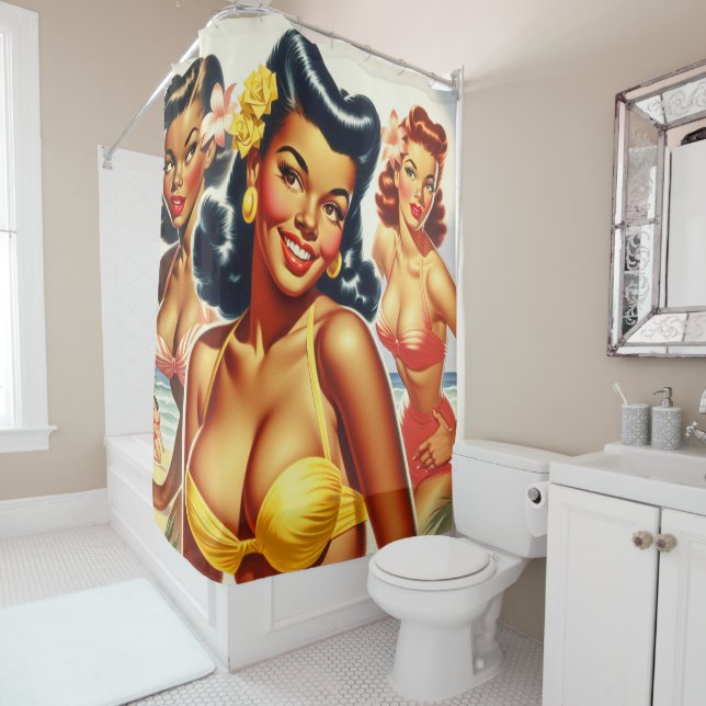 Vintage Beach Pin-ups Shower Curtain (In Situ)