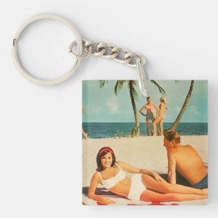 Vintage Beach Scene Key Ring