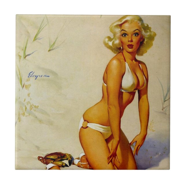Vintage Beach Summer Pin up Girl Ceramic Tile (Front)