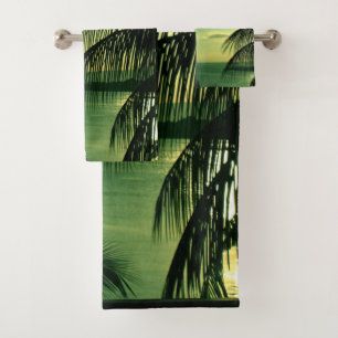 Vintage Beach Sunset Green-Blue Sky Sea Black Palm Bath Towel Set