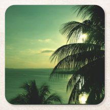 Vintage Beach Sunset Green-Blue Sky Sea Black Palm