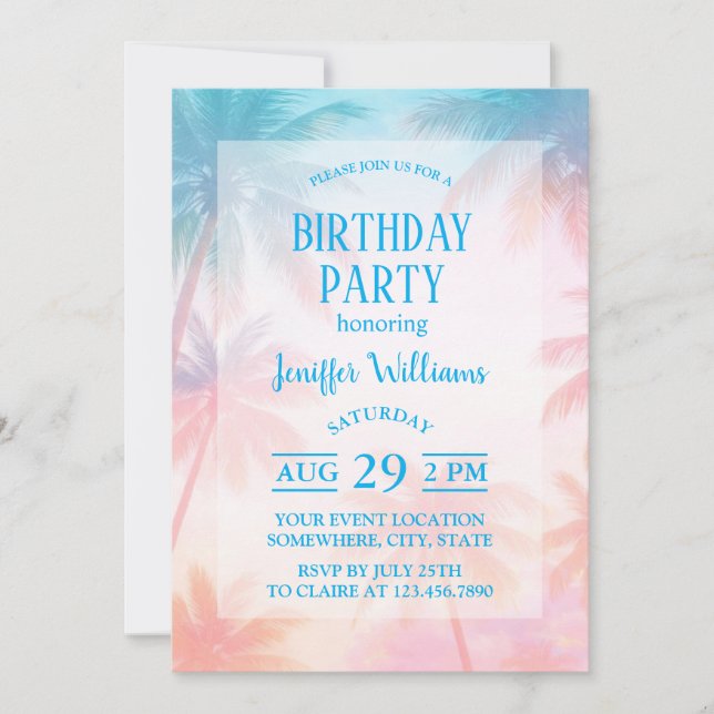 Vintage Beach Sunset Palm Trees Pastel             Invitation (Front)