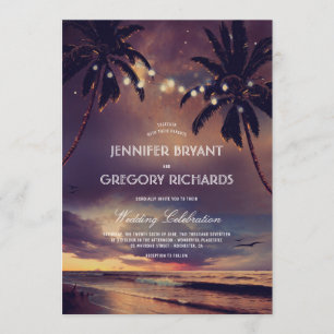 Vintage Beach Sunset   String Lights Palms Wedding Invitation