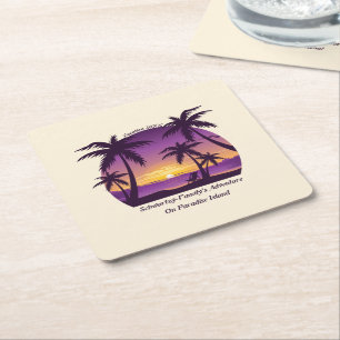 Vintage Beach Sunset Vacation lounger peach purple Square Paper Coaster