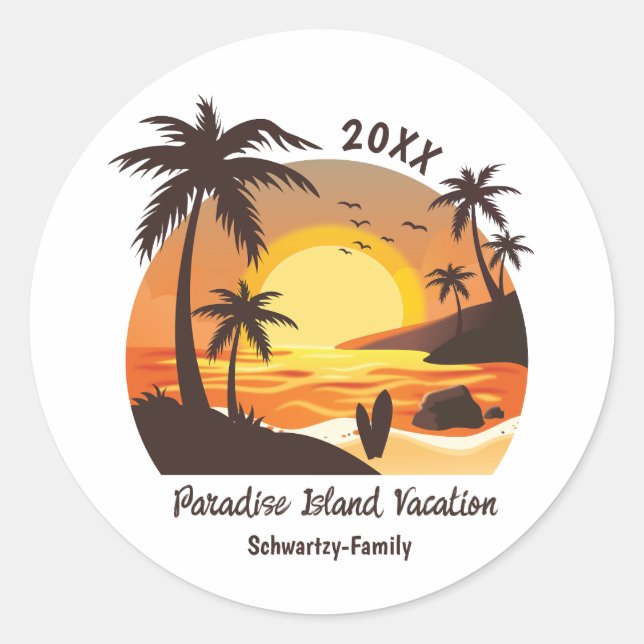 Vintage Beach Sunset Vacation surf orange brown Classic Round Sticker (Front)