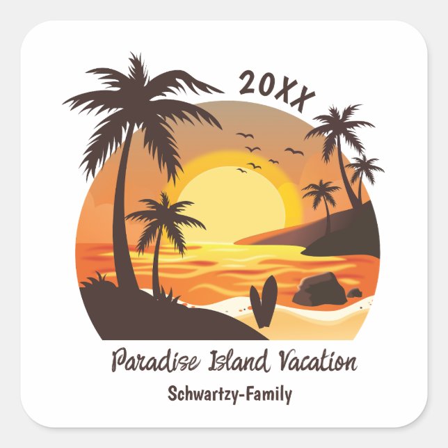Vintage Beach Sunset Vacation surf orange brown Square Sticker (Front)