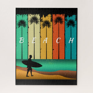 VINTAGE BEACH SURFER SURFING PALM TREES JIGSAW PUZZLE