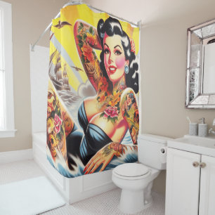Vintage Beach Tattoo Pinup Shower Curtain