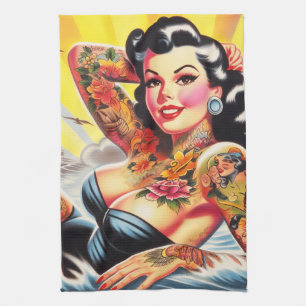 Vintage Beach Tattoo Pinup Tea Towel