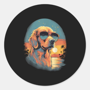 Vintage Beach Tropical Summer Vacation Golden Retr Classic Round Sticker