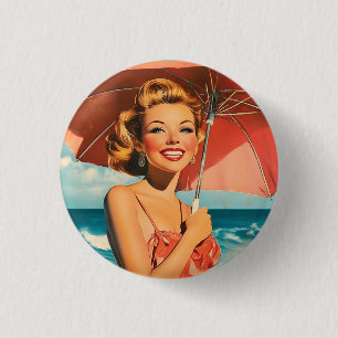 Vintage Beach Vacation Poster: Blonde Pin-Up 3 Cm Round Badge
