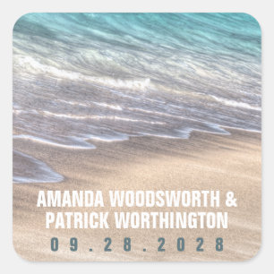 Vintage Beach Waves and Sand Wedding Favour Square Sticker