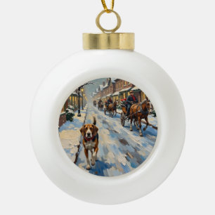 Vintage Beagle on Snowy Victorian Christmas Street Ceramic Ball Christmas Ornament