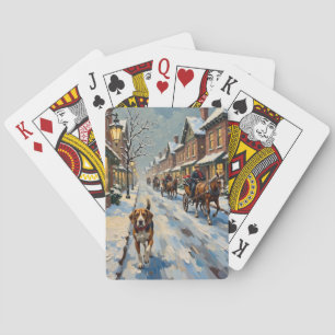 Vintage Beagle on Snowy Victorian Christmas Street Playing Cards