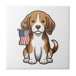Vintage Beagle Puppy American Flag Shirt Design_1 Ceramic Tile