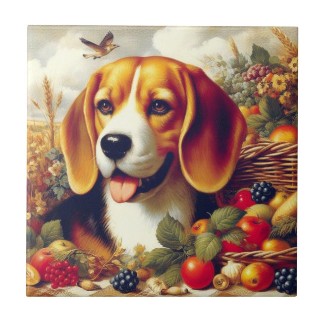 Vintage Beagle Puppy Painting Ceramic Tile (Front)