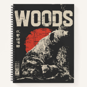 Vintage Bear and Cub in Forest Black Red White Notebook