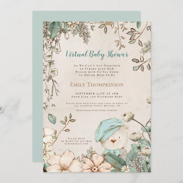 Vintage Bear Antique White Virtual Baby Shower Invitation (Front/Back)