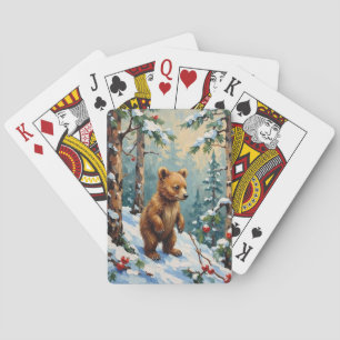 Vintage Bear Cub in Snowy Pine Forest Christmas Playing Cards