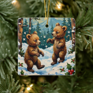 Vintage Bear Cubs Playing in Snowy Christmas Ceramic Ornament