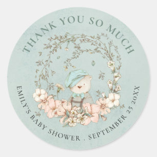 Vintage Bear Floral Thank You Green Baby Shower Classic Round Sticker