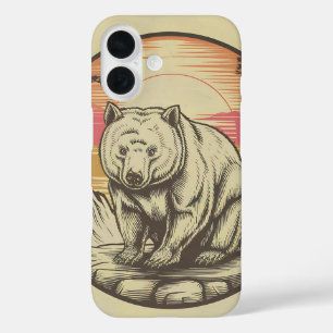 Vintage Bear in Nature Sunset Retro Illustration iPhone 16 Case