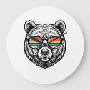 Vintage Bear Sunglasses Vector Graphic Design_1 Large Clock