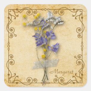 Vintage Beautiful Beige Dried Flowers with Name Square Sticker