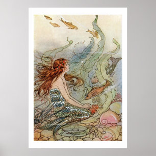 Vintage Beautiful Girly Mermaid Under The Sea Poster
