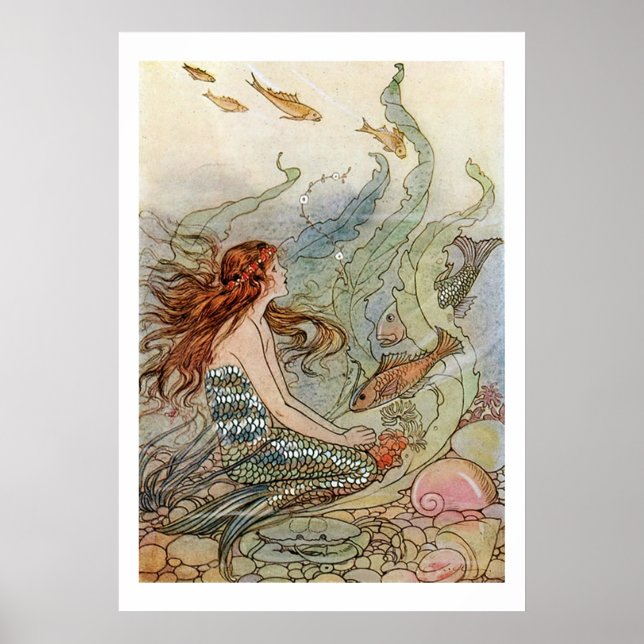 Vintage Beautiful Girly Mermaid Under The Sea Poster (Front)