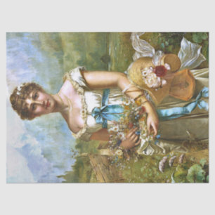 Vintage Beautiful Lady Blue Ribbon White Flowers Tissue Paper