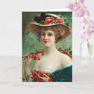 Vintage Beautiful Lady, Flowered Hat & Cherries Card