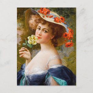 Vintage Beautiful Lady In Blue, Yellow Rose Flower Postcard