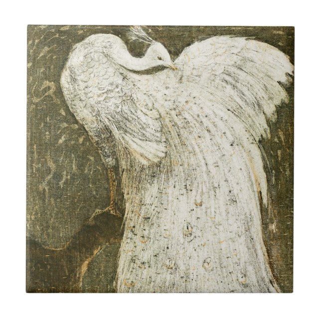 Vintage beautiful white peacock illustration ceramic tile (Front)