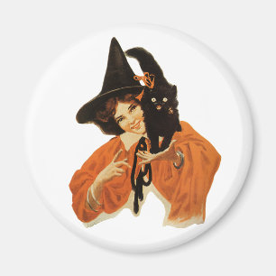 Vintage Beautiful Witch with Black Cat On Shoulder Magnet