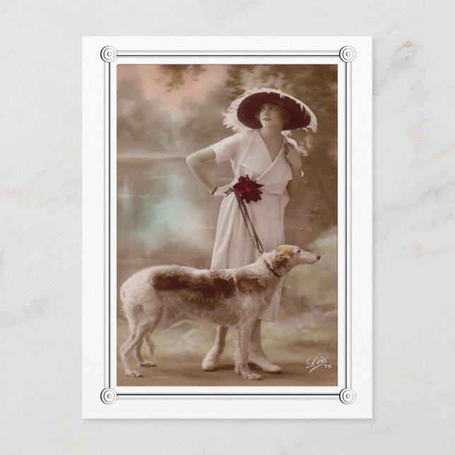 Vintage Beautiful Woman and Dog Postcard (Front)