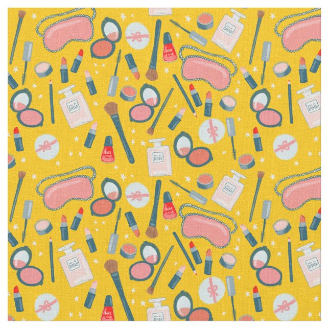 Vintage Beauty Makeup Cosmetics Pattern Fabric (Close Up)