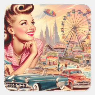 Vintage Beauty Pin-Up Illustration Square Sticker