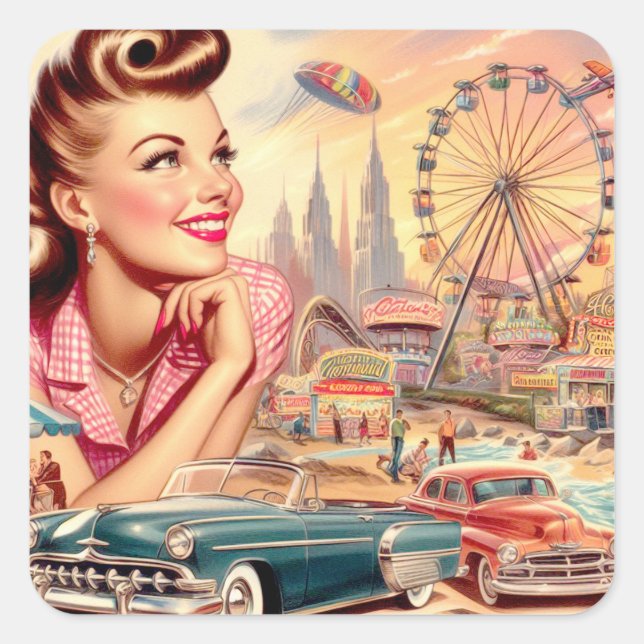 Vintage Beauty Pin-Up Illustration Square Sticker (Front)
