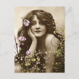 Vintage Beauty with Flowers Postcard