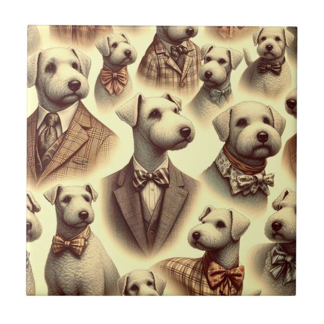 Vintage Bedlington Terrier Illustration Ceramic Tile (Front)