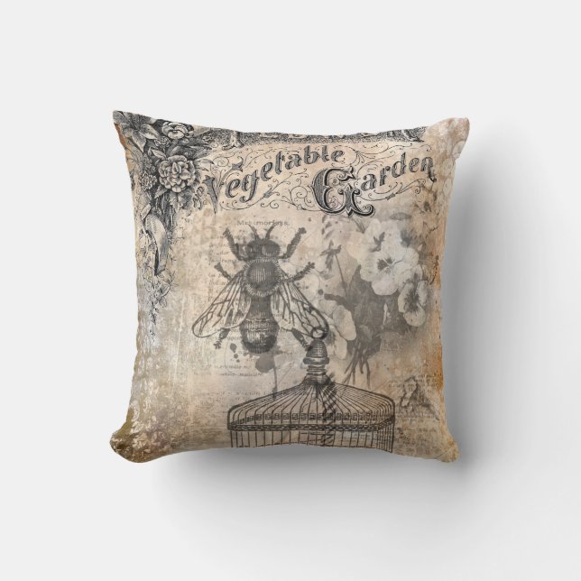 Vintage Bee and flower garden  Cushion (Front)
